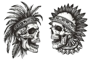 Two skulls wearing traditional Indian headdresses. Suitable for historical or cultural themes