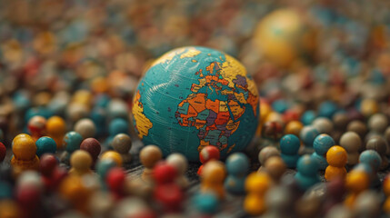 Fototapeta premium A small globe surrounded by numerous colorful spheres representing a diverse and populous world, World Population Day