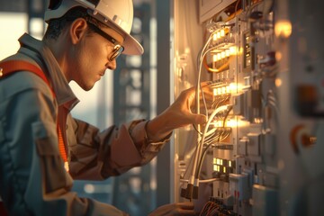 A man in a hard hat working on an electrical panel. Suitable for industrial or construction themes