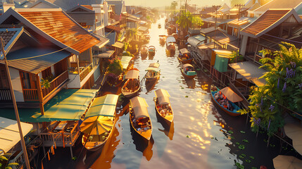 Amphawa Floating Market, Samut Songkhram: Authentic market, riverside charm, in a quaint setting, in a dreamy isometric style, with soft lighting, pastel colors