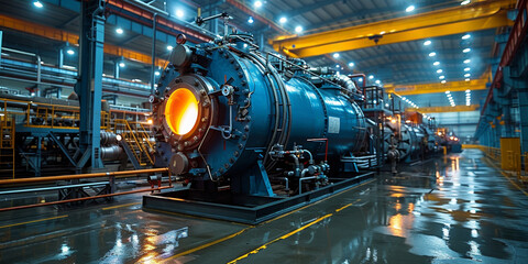 Industrial machinery powers the plant, utilizing compressors and pipelines for efficient production. - obrazy, fototapety, plakaty