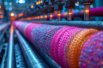 In a traditional textile factory, colorful threads are spun using machinery for fabric production. - obrazy, fototapety, plakaty