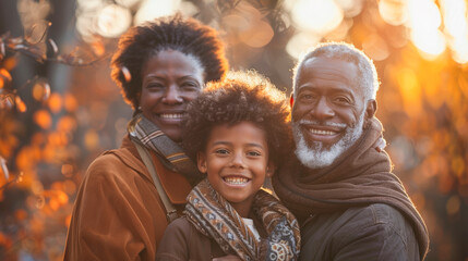 A happy family, including a child and two adults, smiling together outdoors with autumn leaves and warm golden sunlight in the background.