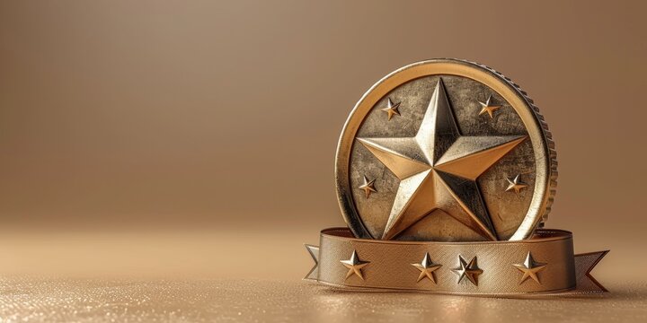 A shiny golden star with a red ribbon, symbolizing military honor, against a white background.