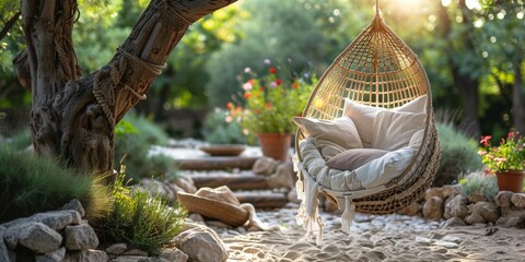 In the yard, a hanging swing chair adorned with cushions invites summer relaxation amid lush greenery.