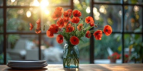 In a rustic setting, a romantic poppy bouquet sits in a jar, adding freshness to the table.
