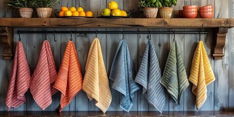Colorful towels hang neatly on a rustic kitchen shelf, promoting hygiene and freshness.