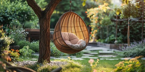 In a tranquil yard, a hanging rattan chair beckons relaxation, adorned with comfortable pillows.