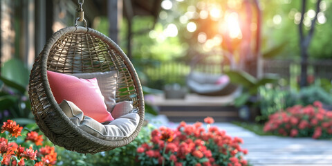 In the luxurious yard, a hanging chair on the patio, adorned with cushions, offers relaxation.