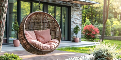 In the comfortable yard, a luxurious wicker hanging chair offers relaxation amidst greenery and modern design.