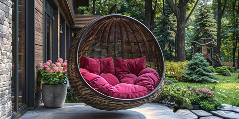 On the luxurious patio, a comfortable wicker hanging chair invites relaxation amidst nature's greenery.