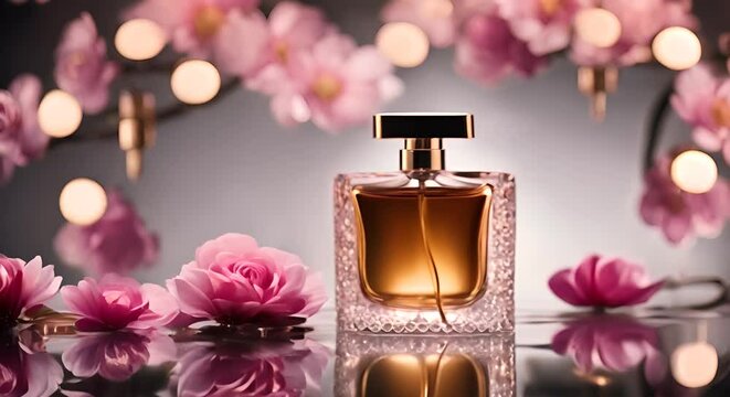 Perfume bottle next to flowers.