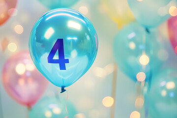 Blue floating balloon with number four. Children boy birthday party for 4 years celebration.	
