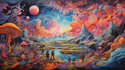 An otherworldly, psychedelic landscape, featuring kaleidoscopic patterns, swirling colors, and fantastical flora and fauna, with a group of adventurers journeying through the surreal