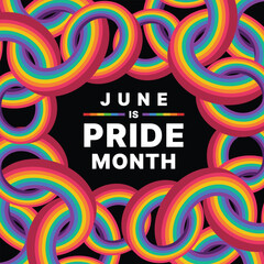 June is pride month text in abstract 3D circle rainbow pride ring cross ring around on black background vector design