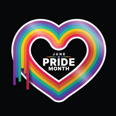 June is pride month text in heart rainbow pride flag frame with tab stick on black background vector design