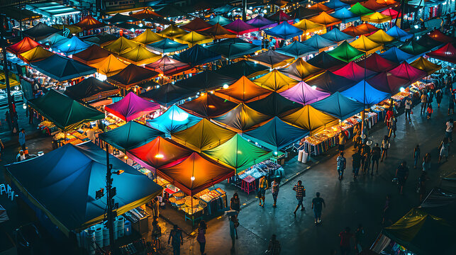 Chatuchak Weekend Market, Bangkok: Bustling market, vibrant stalls, in a lively atmosphere, in a dreamy isometric style, with colorful lighting, vibrant colors