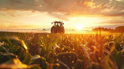 Fototapeta premium A tractor working in a corn field at sunset. Ideal for agricultural and rural concepts