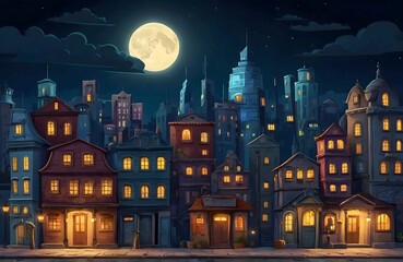Obraz premium Cartoon Buildings Background In The Moonlight