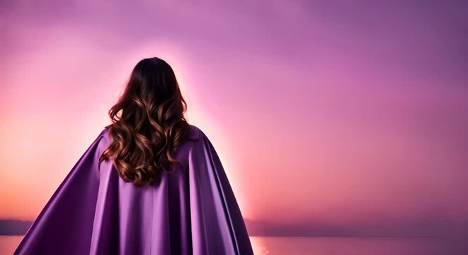 Superhero woman with a lilac cape. Feminism concept.