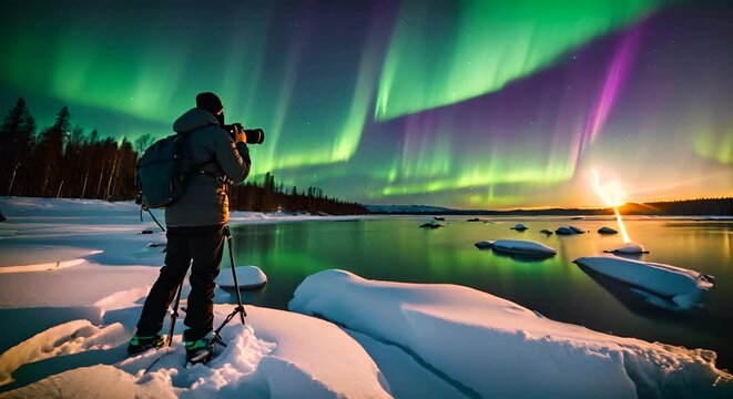 Photographer taking photos of the northern lights.