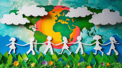 Paper cutout of diverse human figures holding hands in front of a stylized globe with clouds, symbolizing global unity and peace, World Population Day, save the world. - obrazy, fototapety, plakaty