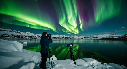 Photographer taking photos of the northern lights.