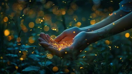 Hands releasing a cluster of fireflies into the night sky, illuminating the darkness with their gentle glow