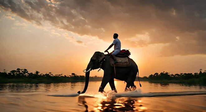 Indian riding an elephant at sunset.