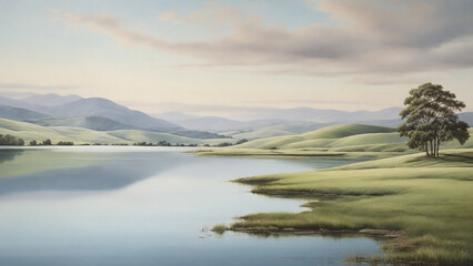 Fototapeta premium A serene, landscape composition, featuring rolling hills, a tranquil lake, and a sense of calm, all depicted in the subtle, matte tones of a casein painting,