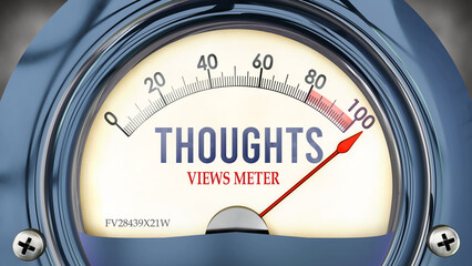 Thoughts and Views Meter that is hitting a full scale, showing a very high level of thoughts, overload of it, too much of it. Maximum value, off the charts.  ,3d illustration