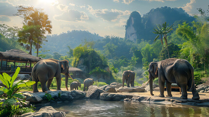 Elephant Nature Park, Chiang Mai: Gentle giants, natural habitat, in a serene setting, in a fantasy isometric style, with soft lighting, natural colors - obrazy, fototapety, plakaty