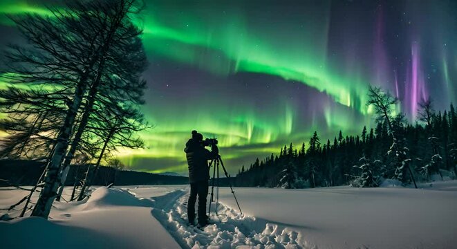 Photographer taking photos of the northern lights.