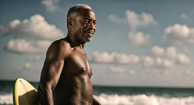 Black Senior man surfer with a surfboard.