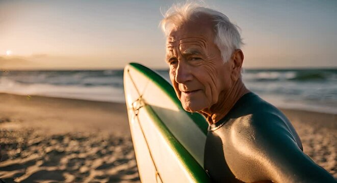 Senior man surfer with a surfboard.