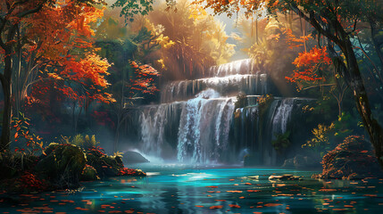 Erawan Waterfall, Kanchanaburi: Cascading waterfall, lush jungle, in a mystical forest, in a fantasy pixel art style, with soft lighting, vibrant colors