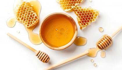 Bowl of sweet honey, dippers and combs on white background