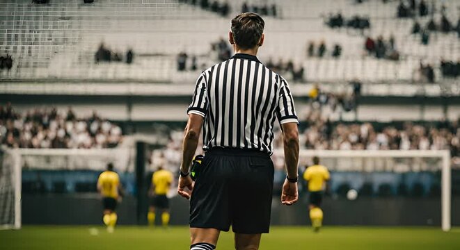 Referee in a match. Soccer refereeing.