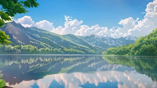 video beautiful lake view with clear sky and green mountains
