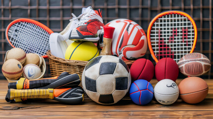 A basket full of sports balls and equipment, including a tennis racket, a baseball, a soccer ball, and a basketball