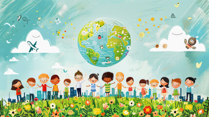 Illustration of diverse children holding hands under a stylized Earth, surrounded by nature and wind turbines, depicting unity and ecology, World Population Day, save the world.