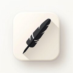 A black feather with a long shadow on a white rounded square background.