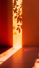 orange wall and floor with shadows, minimal interior background, product photography