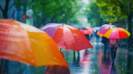 Close-up view of colorful umbrella in the rain