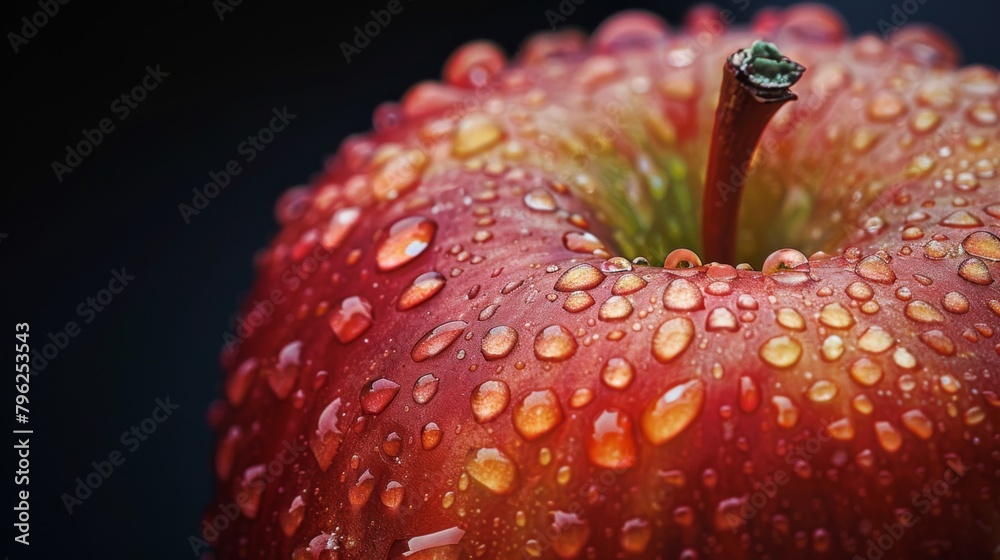 Poster macro shot capturing the intricate details of water droplets clinging to the skin of a ripe apple, e