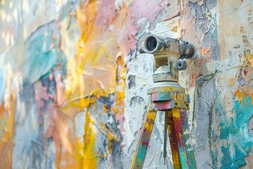 Tripod leaning against a colorful wall, suitable for various creative projects