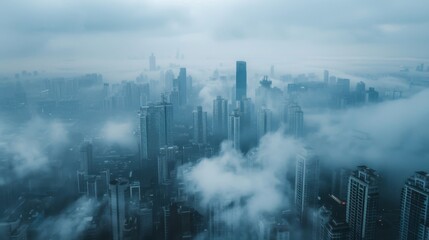 Overhead shot of a city skyline obscured by a thick layer of smog, obscuring visibility
