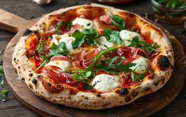 Traditional Italian Pizza, baked in a wood oven, with Burrata, Parma ham, rocket. emblem of Italian cuisine