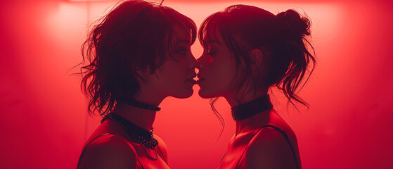 Zwei Frauen küssen sich vor rotem Hintergrund