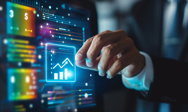 A businessman uses an interactive touch screen to view and select energy efficiency categories for buildings. By touching virtual icons, it assesses the level of energy efficiency.
